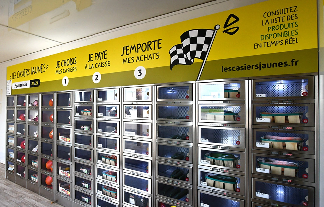 les casiers jaunes, remplis de légumes dispo 24h/24